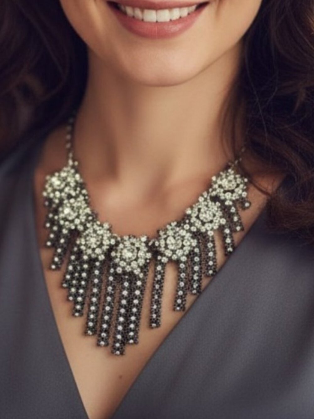 Lydell NYC Women's Gunmetal Crystal Statement Bib Necklace NWT